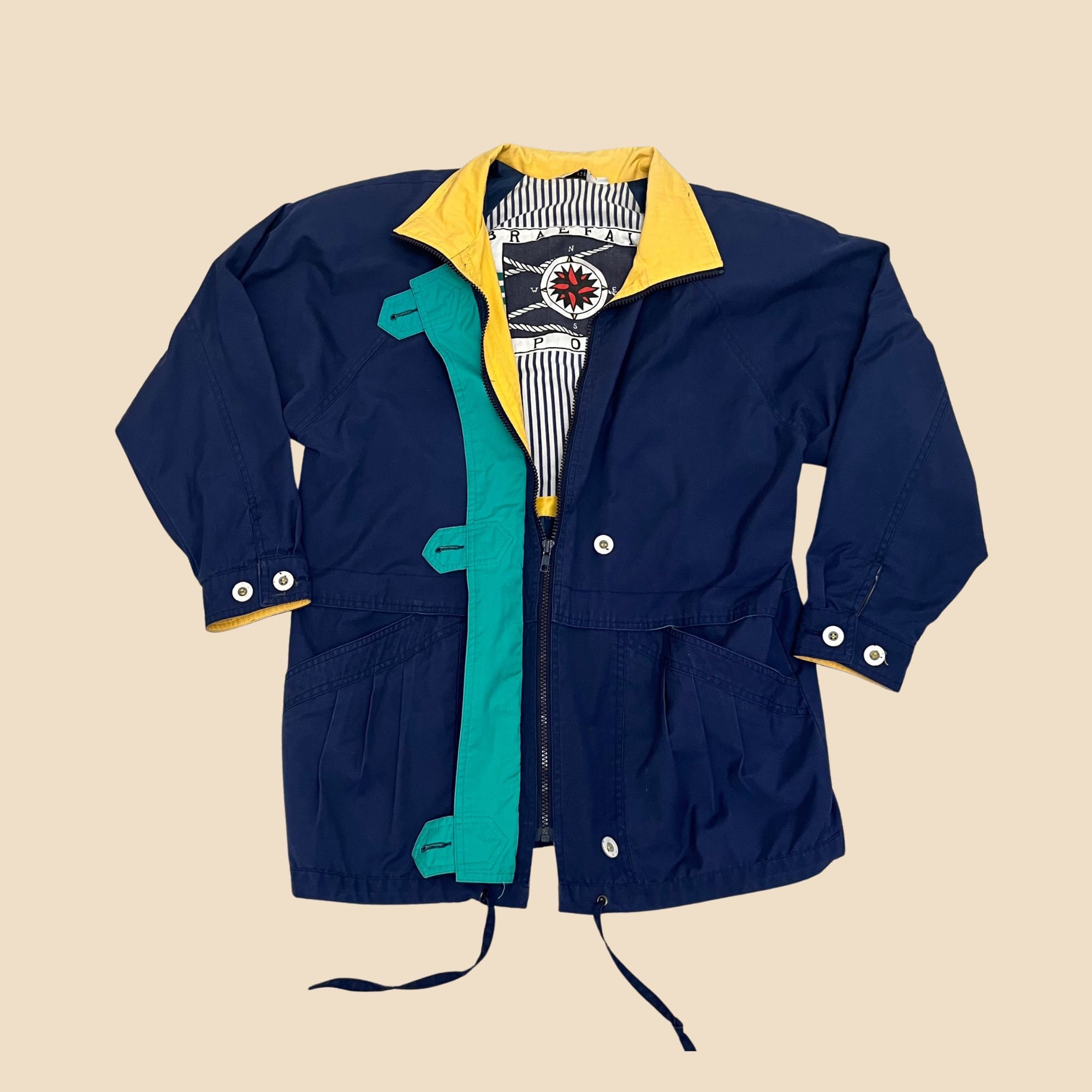 1990S Small Nautical Jacket By Braefair Sport, Women's Blue Yellow & Teal Pea Coat, Vintage