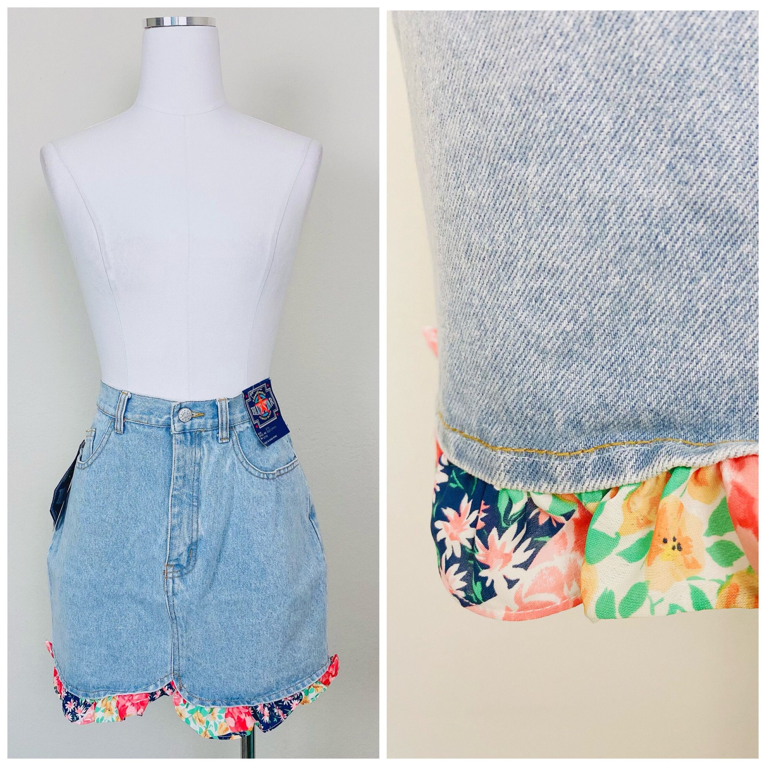 1990S Vintage Deadstock Light Wash Denim Mini Skirt/90S High Waisted Floral Ruffled Grim Size Medium