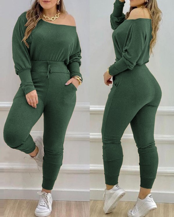 2 Piece Skew Neck Knit Lounge Set Long-Sleeve Drawstring Top Casual Fall Sweatsuit