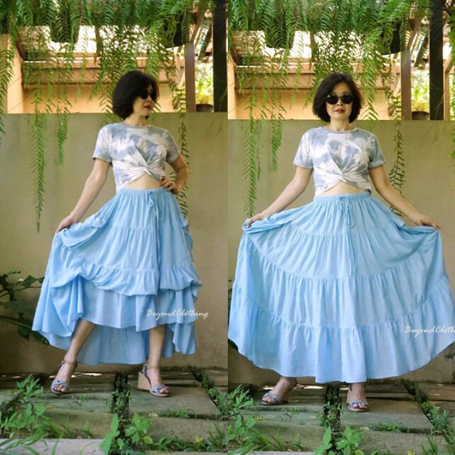 2 in 1 Take Me To Your Heart - Steampunk Skirt, Tiered Lagenlook Boho Blue Full Circle Peasant Extravagant Skirt