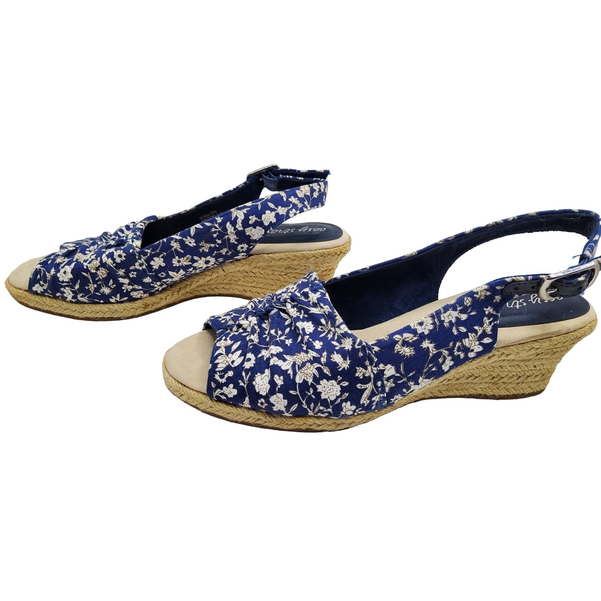 2000S Easy Street Womens Blue Floral Fabric Sling Back Espadrille Wedge Sandals