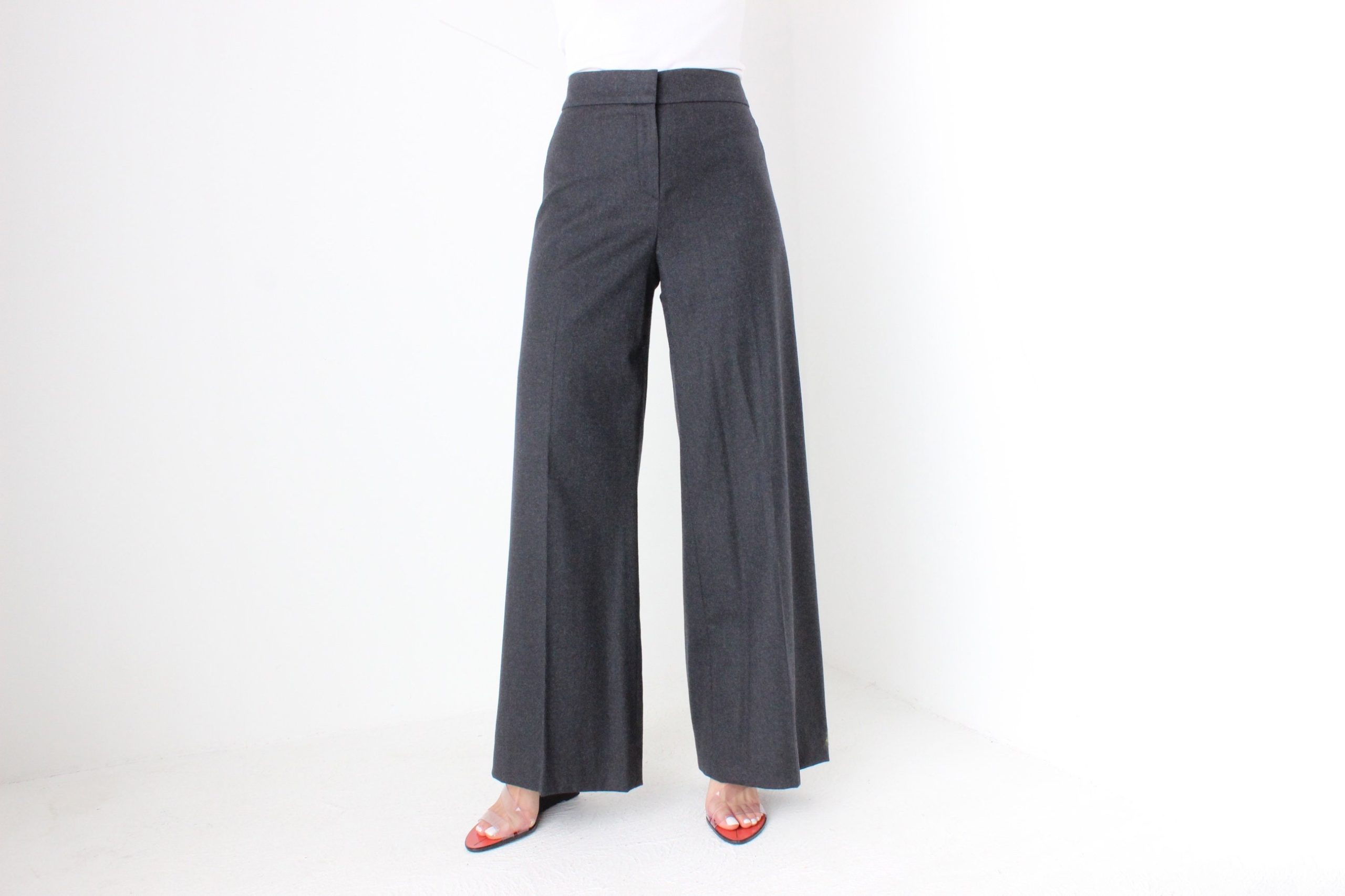 2000S Oscar De La Renta Wool Wide Leg High Waist Minimal Perfectly Tailored Bell Bottom Flares Pants/Trousers