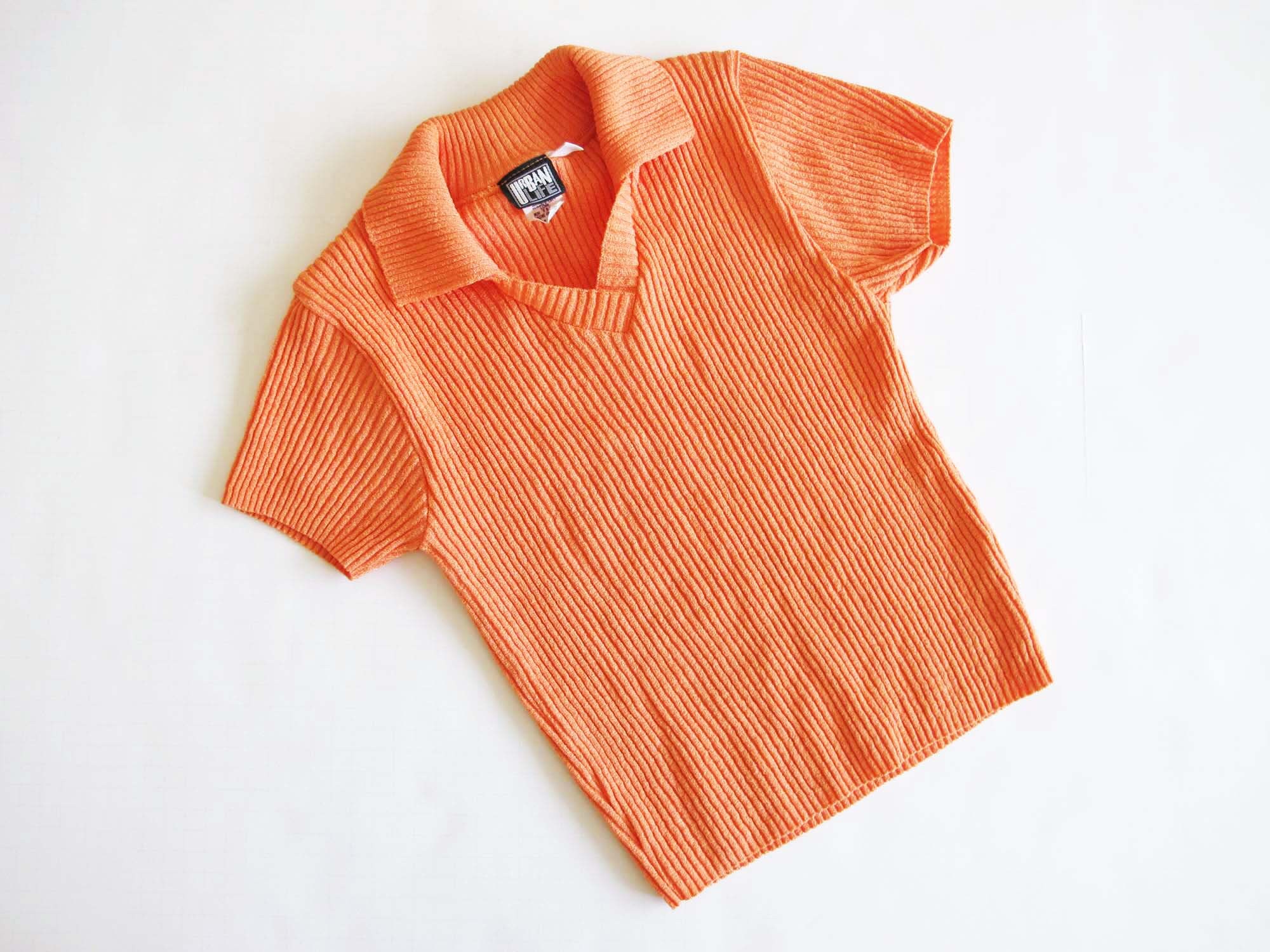 2000S Y2K Bright Orange Ribbed Knit Polo Shirt Xs S - Cropped Neon Aesthetic Collared Top Bold Raver