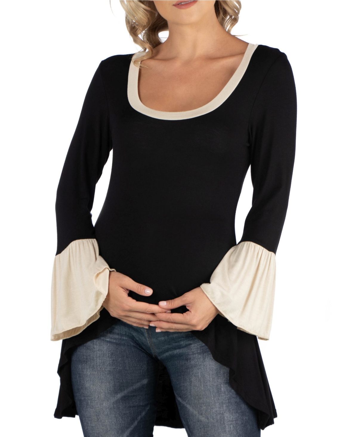 24Seven Comfort Apparel Swing High Low Bell Sleeve Maternity Tunic Top - Black