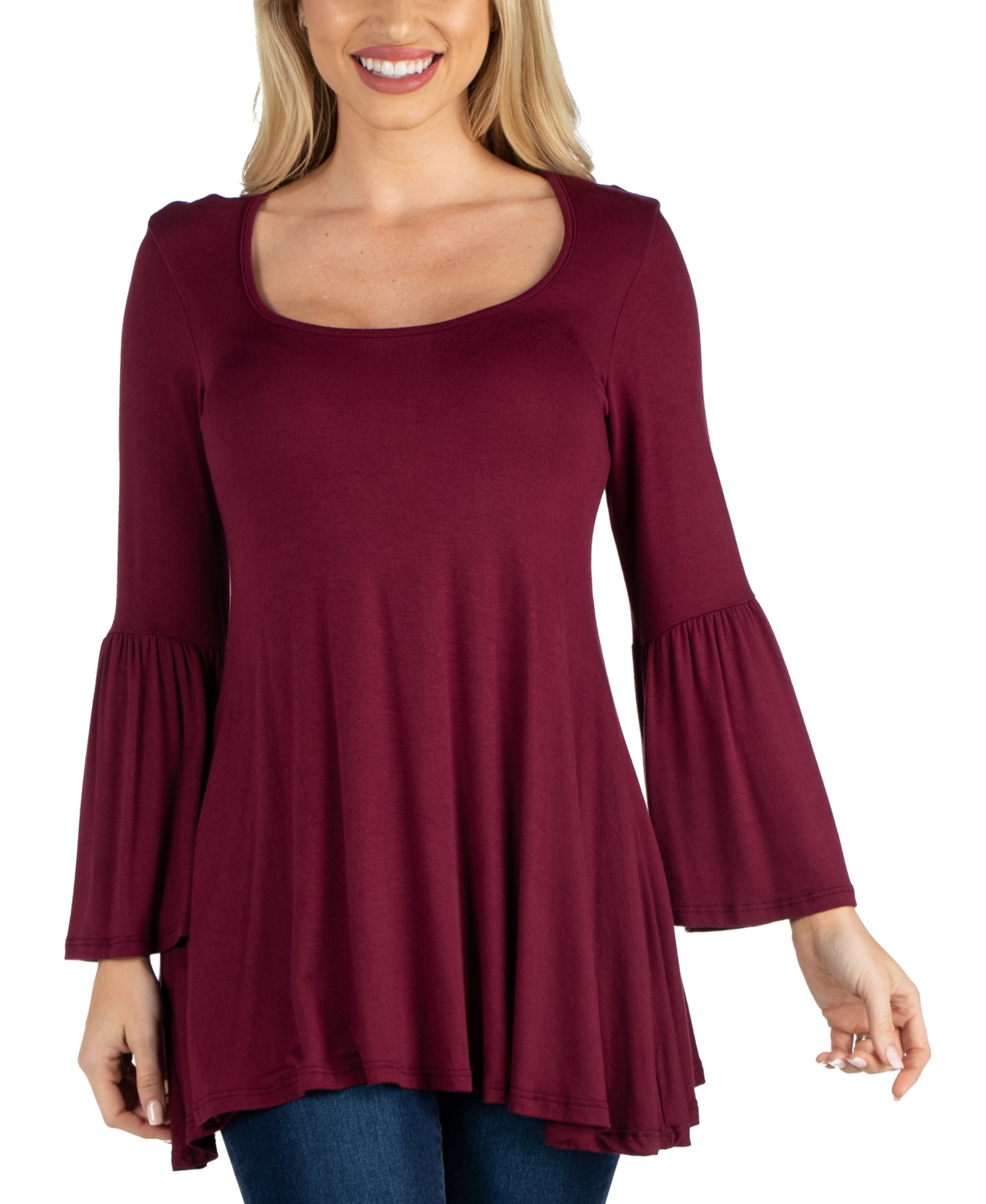 24Seven Comfort Apparel Women Swing High Low Bell Sleeve Tunic Top - Dark Purple