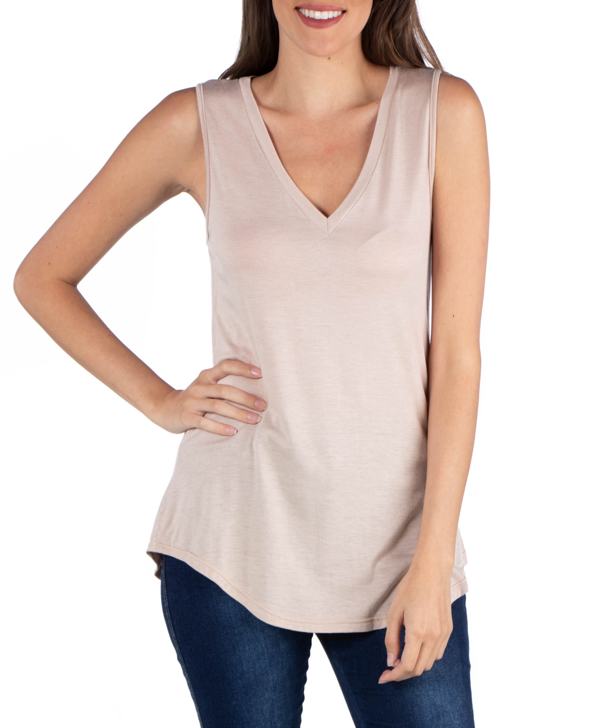 24seven Comfort Apparel V-Neck Tunic Tank Top with Round Hemline - Beige