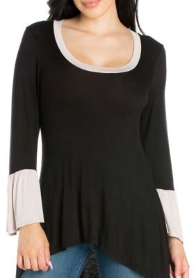 24seven Comfort Apparel Women's Bell Sleeve High Low Tunic Top, Black, X-Large