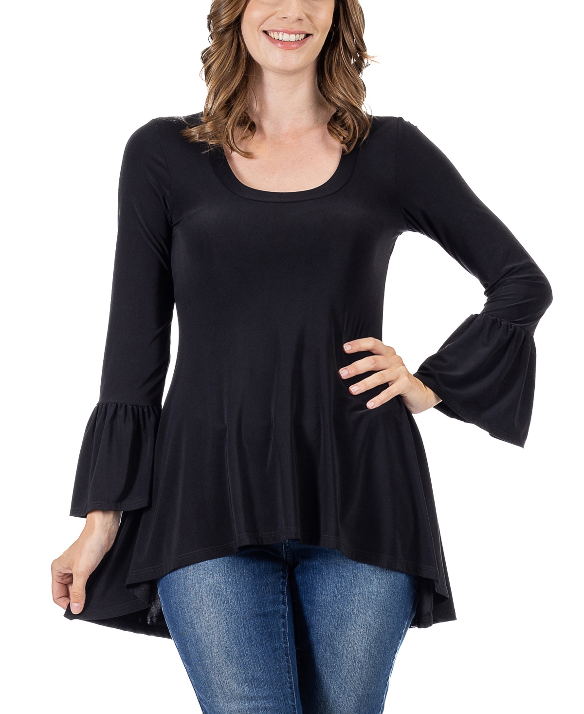 24seven Comfort Apparel Women's Long Bell Sleeve High Low Tunic Top - Black