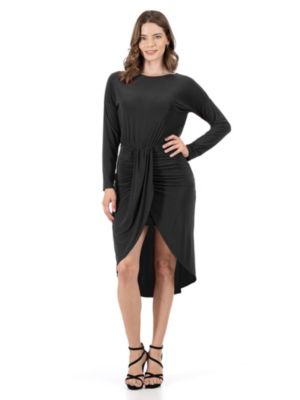 24seven Comfort Apparel Women's Long Sleeve Dressy Tulip Skirt Knee Length Dress, Black, Small