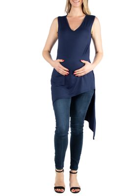 24seven Comfort Apparel Women's Maternity Sleeveless Asymmetric Tunic Top, Navy Blue, Small