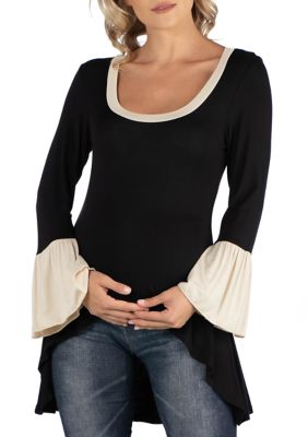 24seven Comfort Apparel Women's Maternity Swing High Low Bell Sleeve Tunic Top, Black, 1X