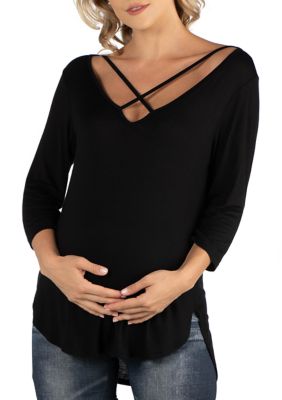 24seven Comfort Apparel Women's Maternity V-Neck 3/4 Sleeve Strappy Tunic Top, Black, Large