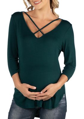 24seven Comfort Apparel Women's Maternity V-Neck 3/4 Sleeve Strappy Tunic Top, Green, 3X