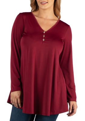 24seven Comfort Apparel Women's Plus Size Flared Long Sleeve Henley Tunic Top, Red, 1X