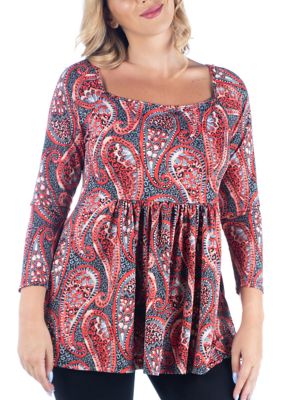 24seven Comfort Apparel Women's Plus Size Print Long Sleeve Babydoll Tunic Top