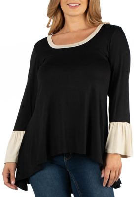 24seven Comfort Apparel Women's Plus Size Swing High Low Bell Sleeve Tunic Top, Black, 1X