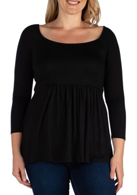 24seven Comfort Apparel Women's Plus Size Wide Square Neck Pleated Long Sleeve Tunic Top, Black