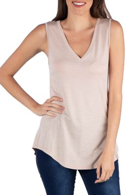 24seven Comfort Apparel Women's V-Neck Tunic Tank Top, Beige, 1X