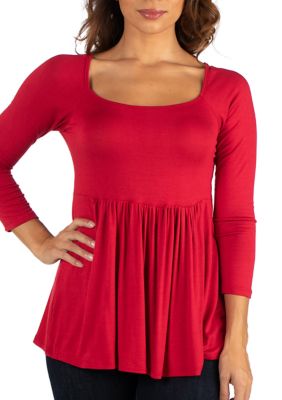 24seven Comfort Apparel Women's Wide Neck Pleated Long Sleeve Tunic Top, Red, 1X