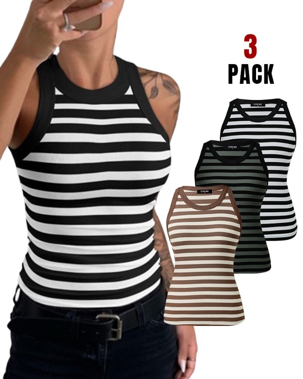 3-Pack Striped Round Neck Slim Fit Racer Back Ribbed Tank Top