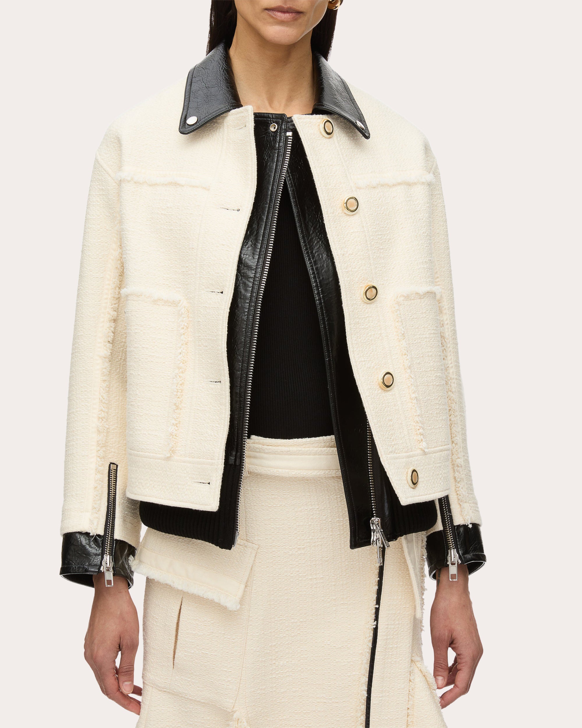 3.1 Phillip Lim Women's Layered Faux Leather-Trim Tweed Jacket in Ivory-Black Leather/Cotton