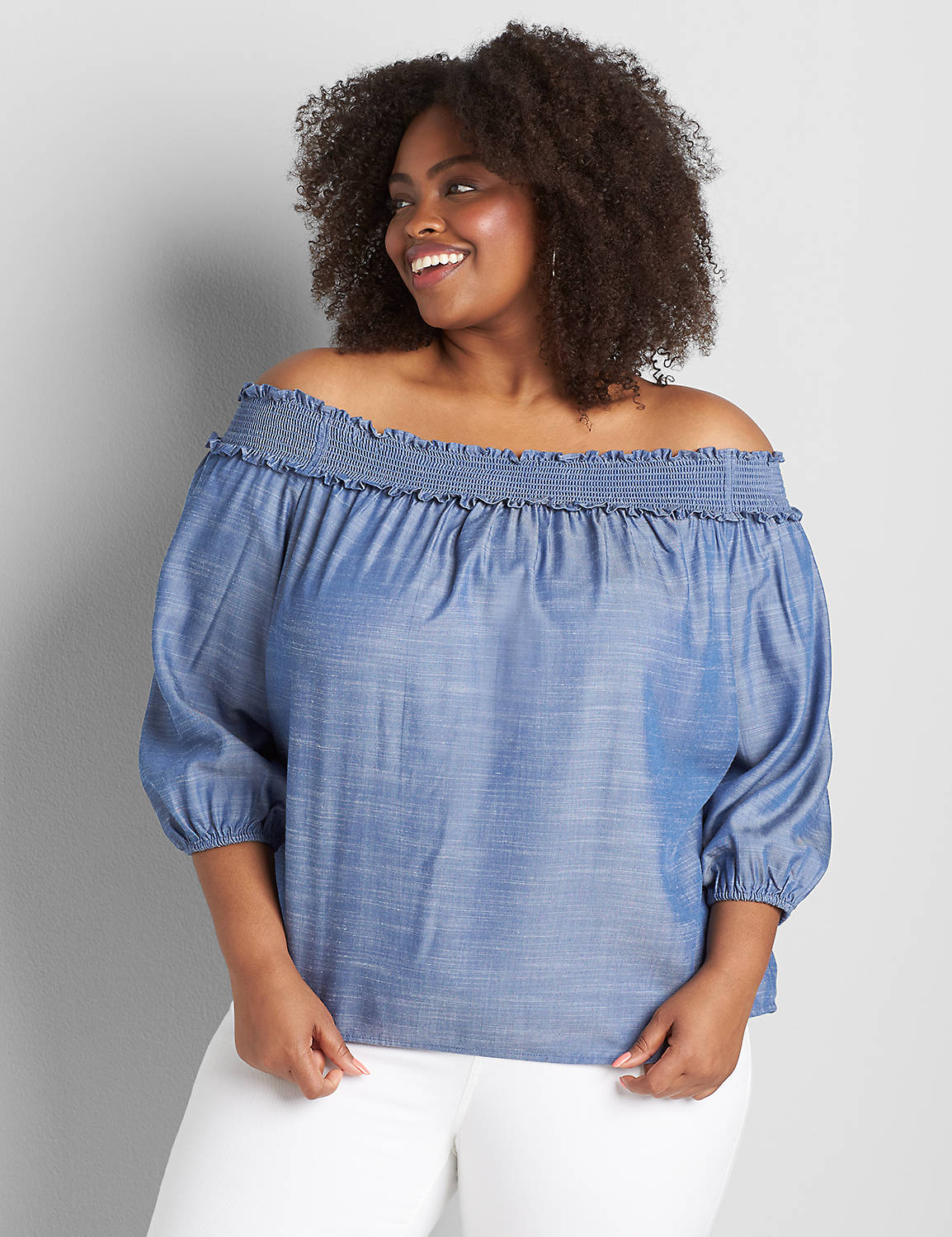 3/4 Sleeve Chambray Off-the-Shoulder Top