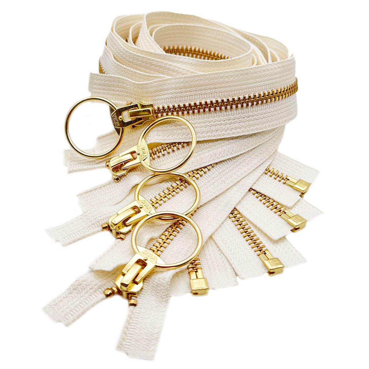 4Pcs Ykk #5 24" Golden Brass With U-Type Ring Pull Medium Weight Metal Jacket Zipper Separating Made in USA Color Snow White