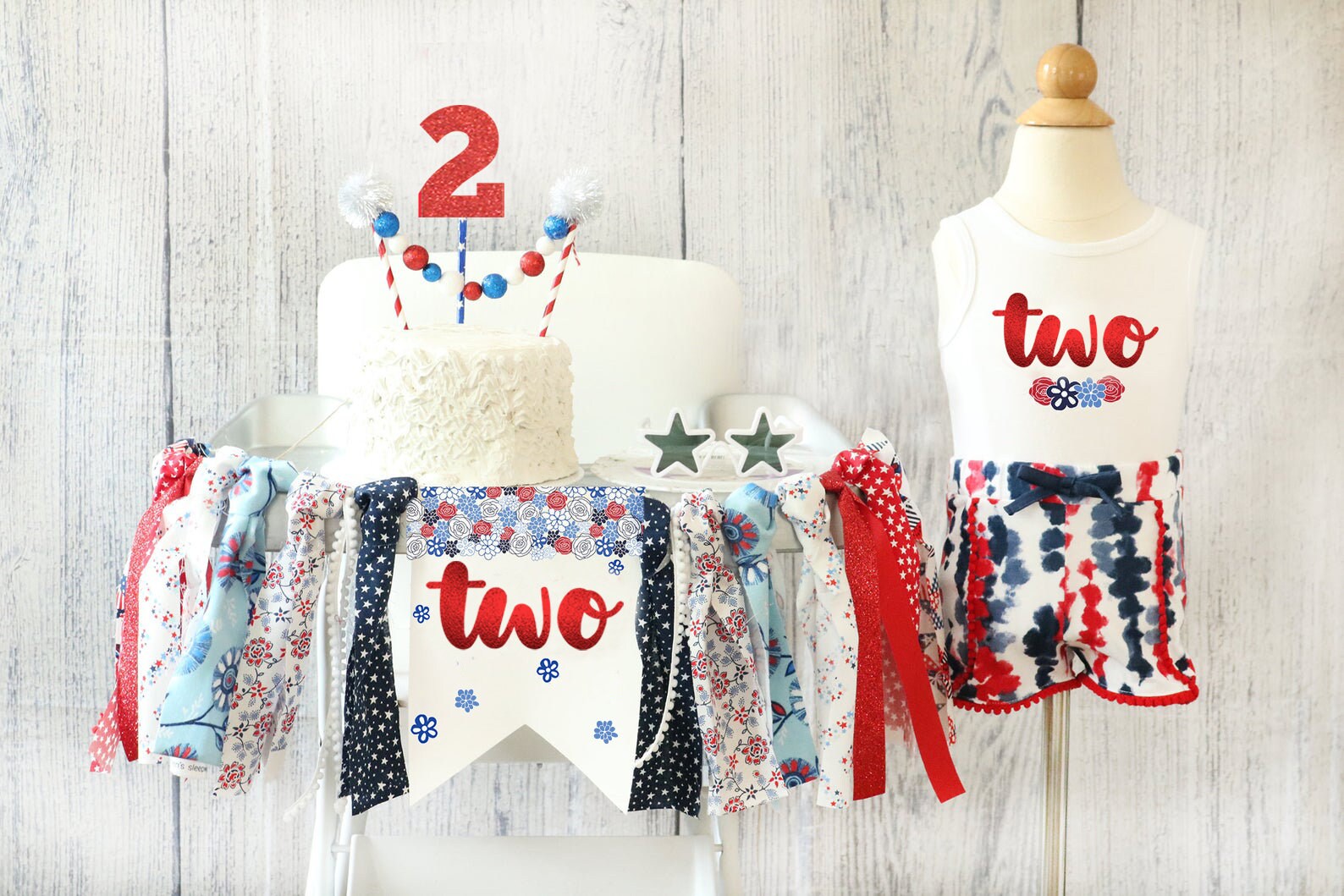 4Th Of July High Chair Banner Second Birthday Patriotic Highchair Of Bodysuit Shorts Outfit Fourth