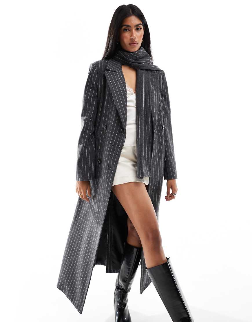 4th & Reckless tailored maxi formal coat with matching scarf in gray pinstripe