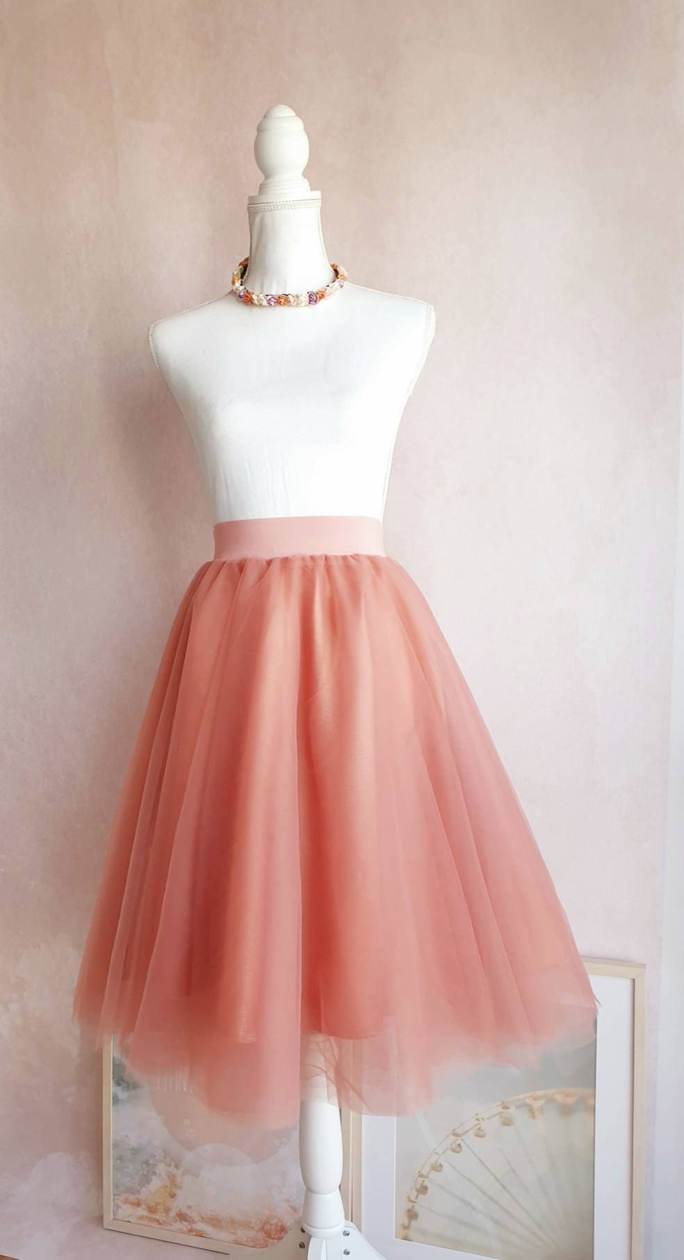 5 Layer Full Circle Middle Length Dusty Coral Tutu - Bridesmaid Tulle Skirt- Tea Wedding -Midi Vintage Retro Women Skirt-Gift For Her