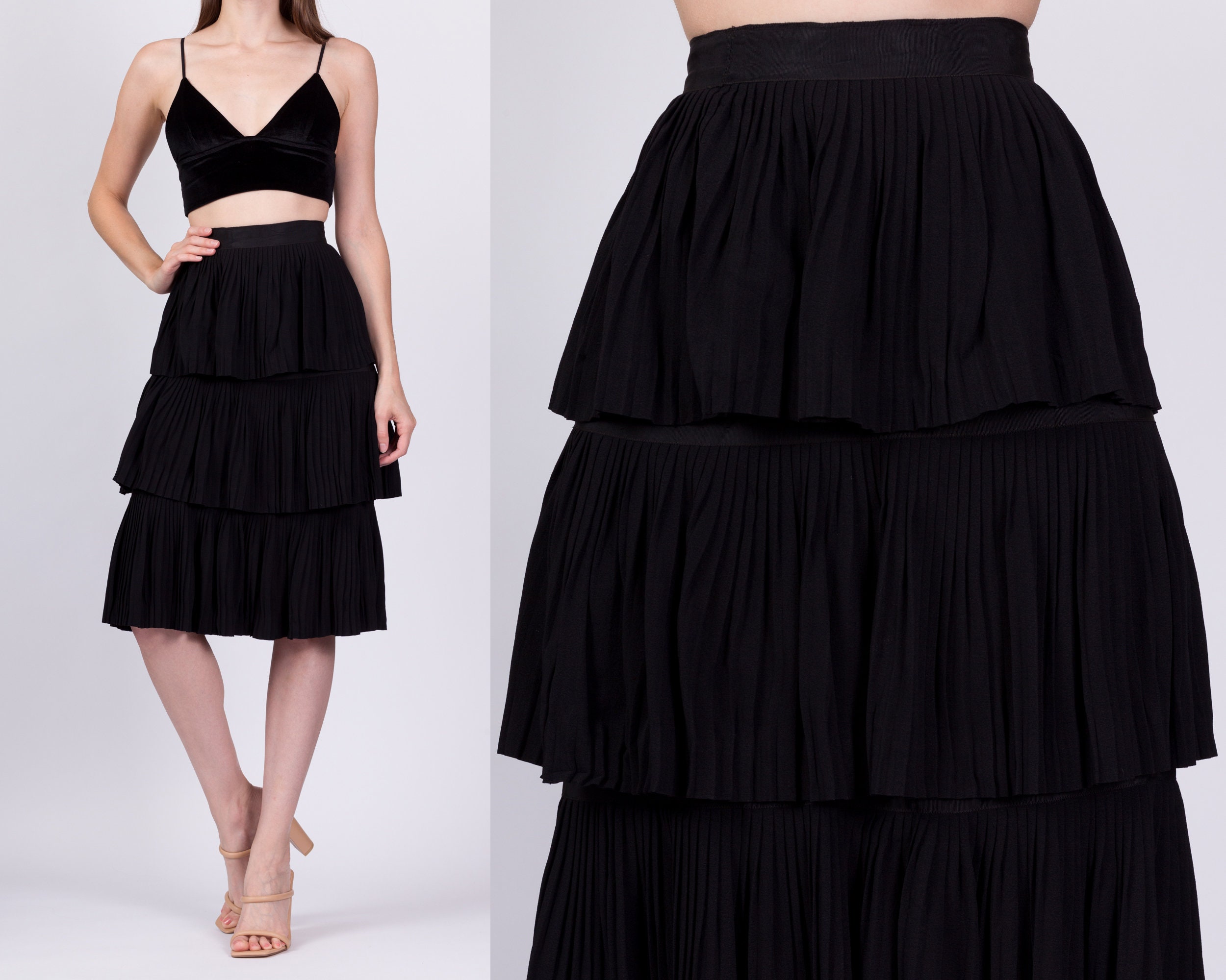 50S Black Tiered Midi Skirt Extra Small, 22.5" | Vintage Accordion Pleated High Waist A Line