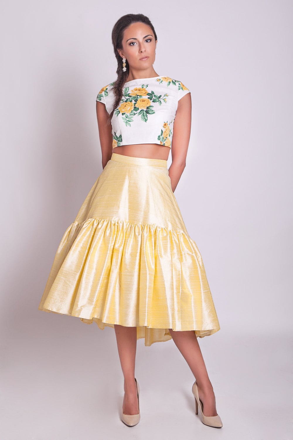 50S Style High Low Skirt, Full Hi Lo Yellow Ruffle Bridesmaid Prom Asymmetrical Skirt