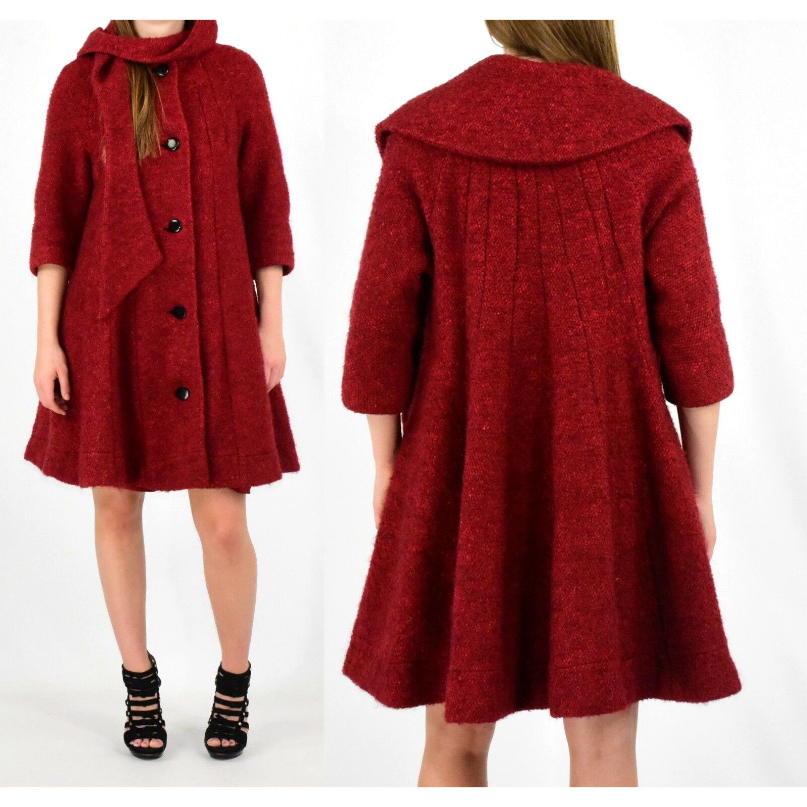 50S Vintage Red Textured Wool Swing Coat Wrap Neck Womens S 6 8 in White (Size Small)