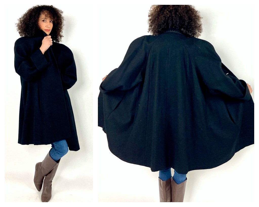 60S Black Wool Military Swing Jacket Vintage Boxy Minimalist Classic Cape Dress Coat M/L