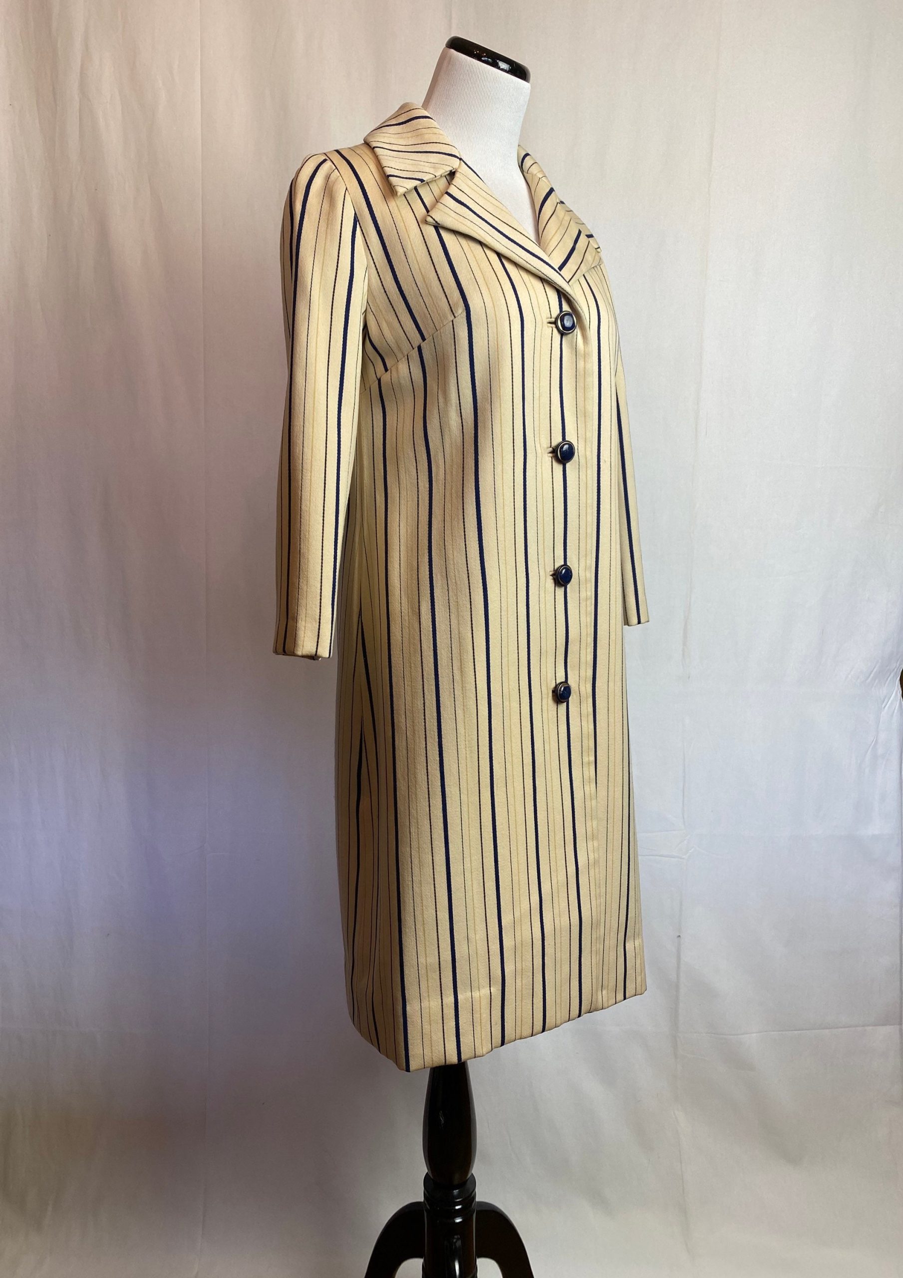 60's Mod Wool Pinstriped Coat Off White With Navy Blue Stripes Long Slender Tailored 1960S Blazer Style Jacket Short 3/4 Sleeves