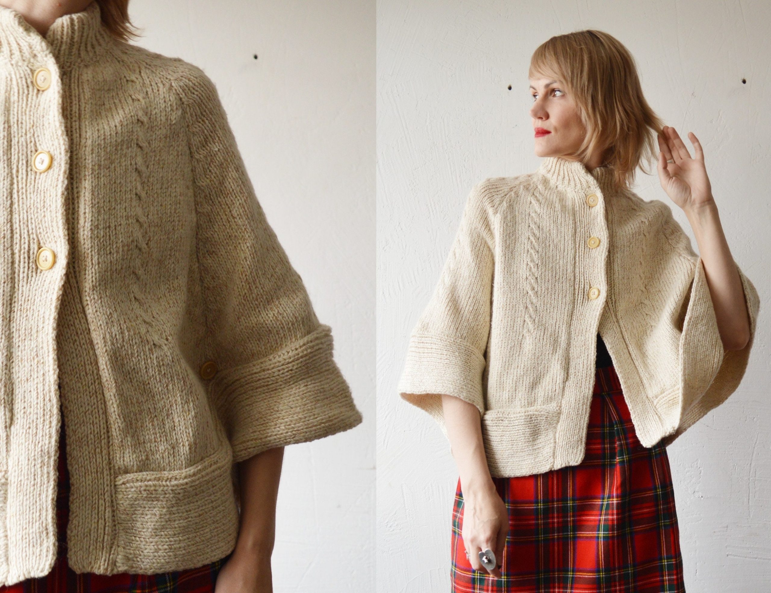 70S 80S Short Pastel Oatmeal Knit Wool Cape. Button Front Cape Coat - Medium