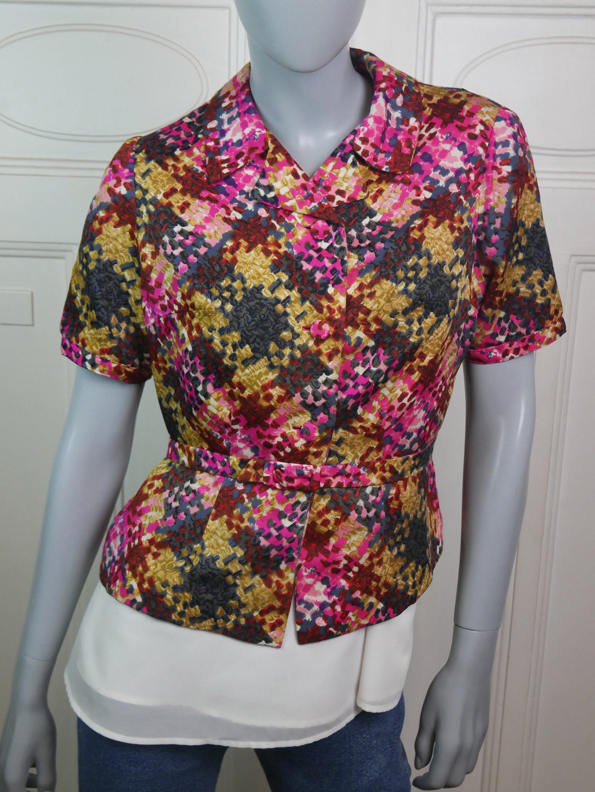 70S Blazer, Medium, Size 8 Usa, Short Sleeve Pink Gold Fuchsia & Gray, European Vintage Cropped Jacket