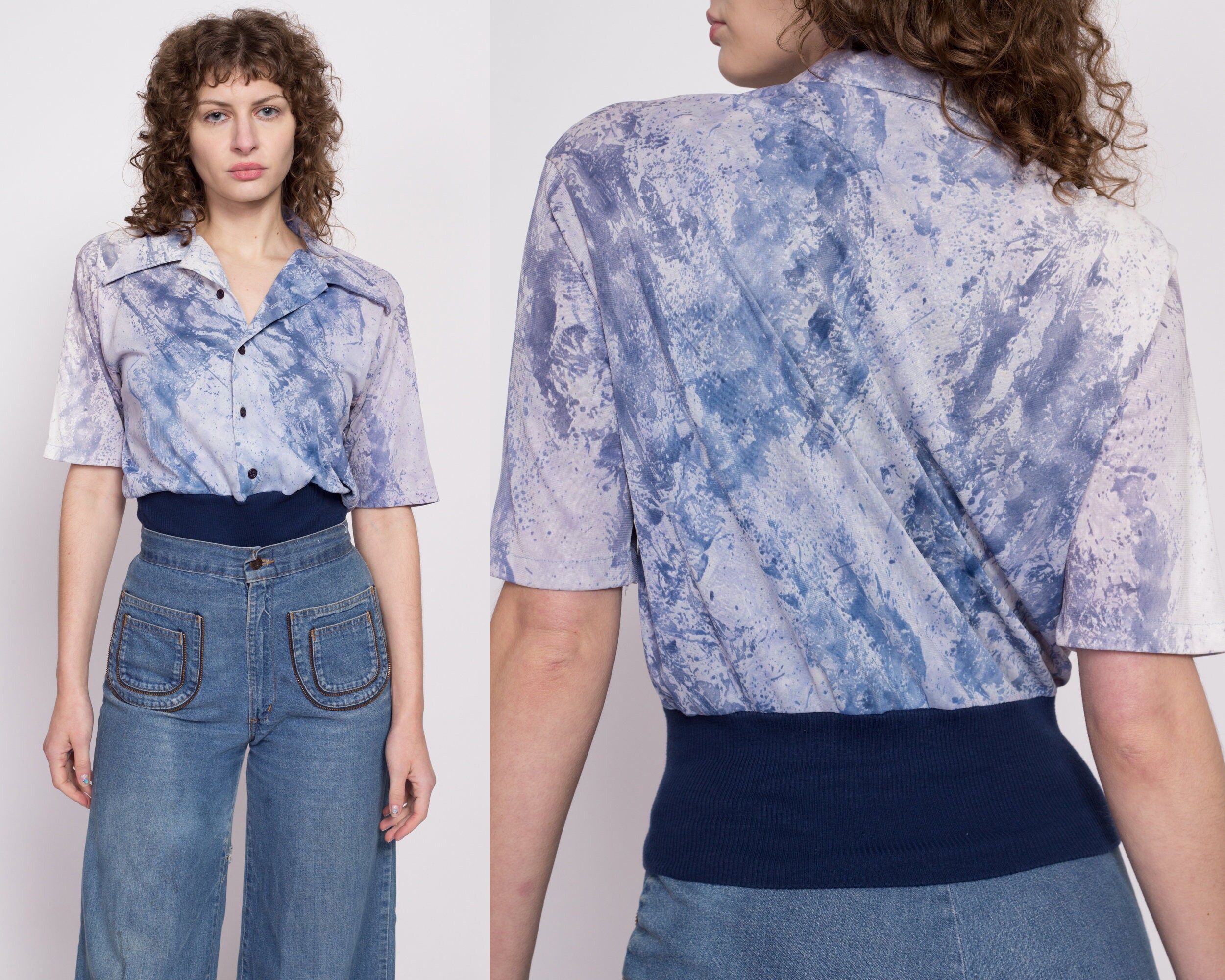 70S Blue Abstract Polo Crop Top Medium | Vintage Novelty Print Short Sleeve Collared Shirt