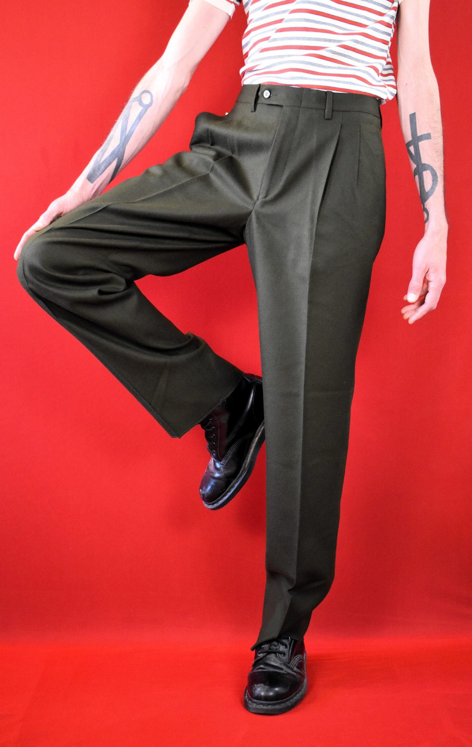 70S Dark Green Vintage Wool Pants - Tailored Trousers 100% Virgin Elegant Business Luxurious Man Capsule