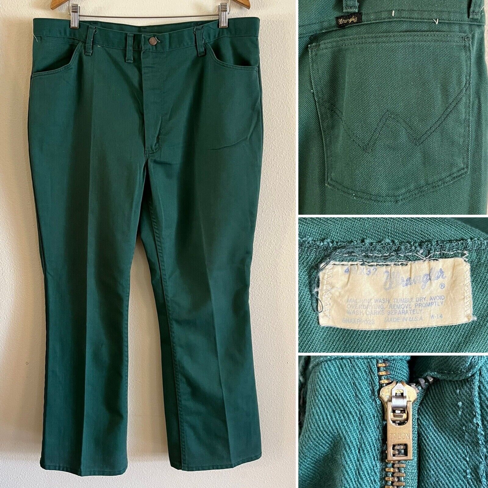 70S Green Wrangler W 39 L 31 Boot Cut Flares Pants Talon Zipper Made in USA Work Chore Western Urban Cowboy Utility Ranch