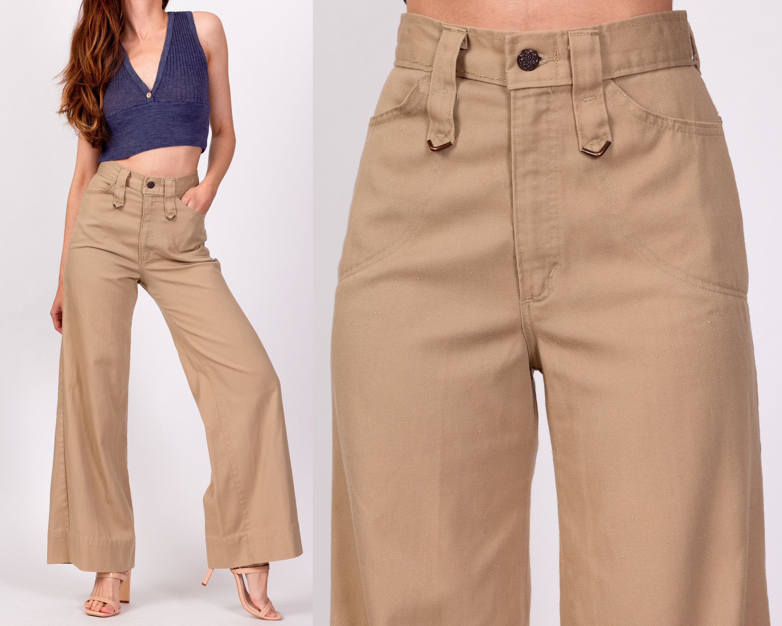 70S High Waisted Khaki Twill Flared Pants Extra Small, 24" | Vintage H.i.s. Retro Flares Hippie Trousers