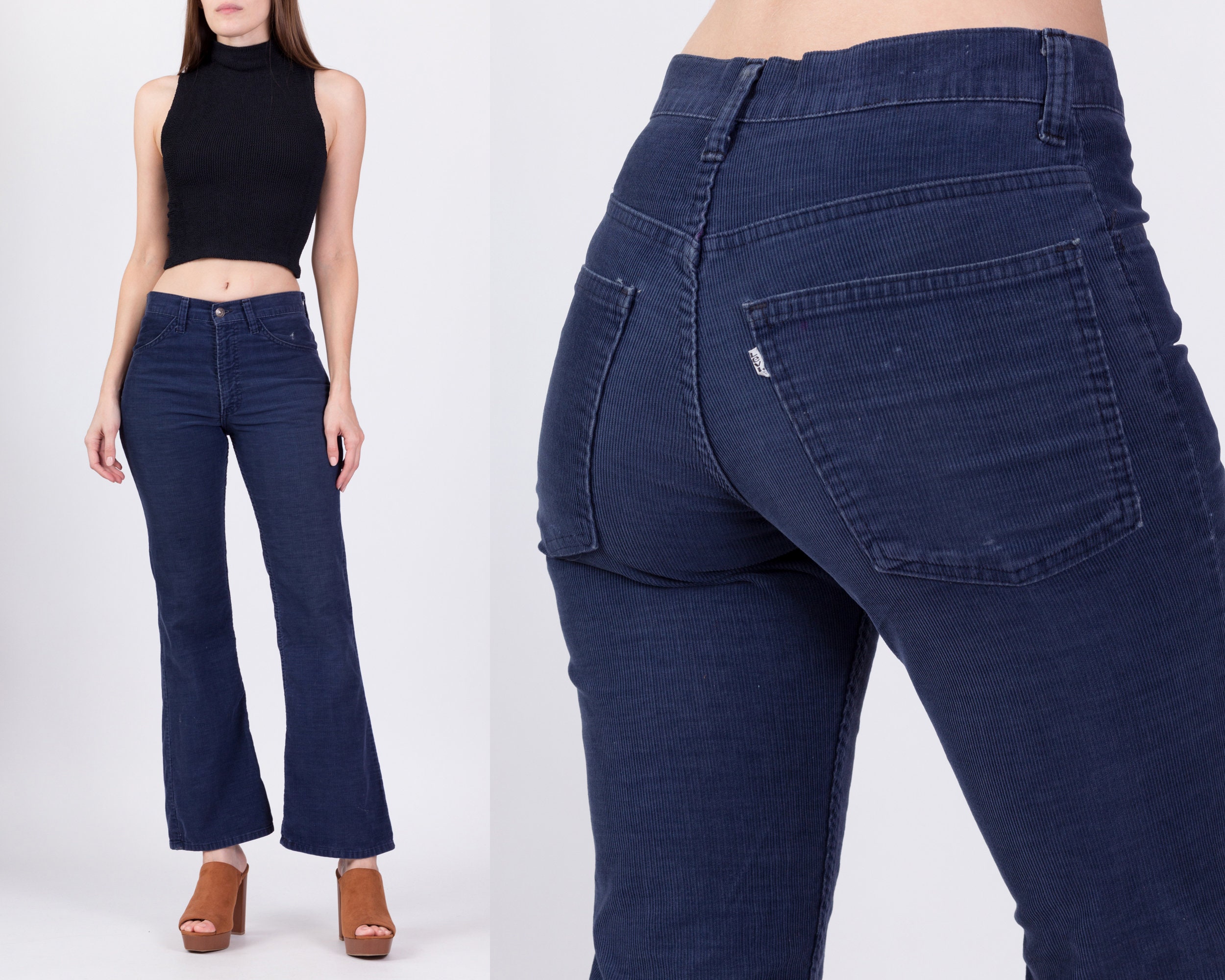 70S Levis Corduroy Flared Pants Small | Vintage Navy Blue Mid High Waist Bootcut Kick Flare Retro Trousers