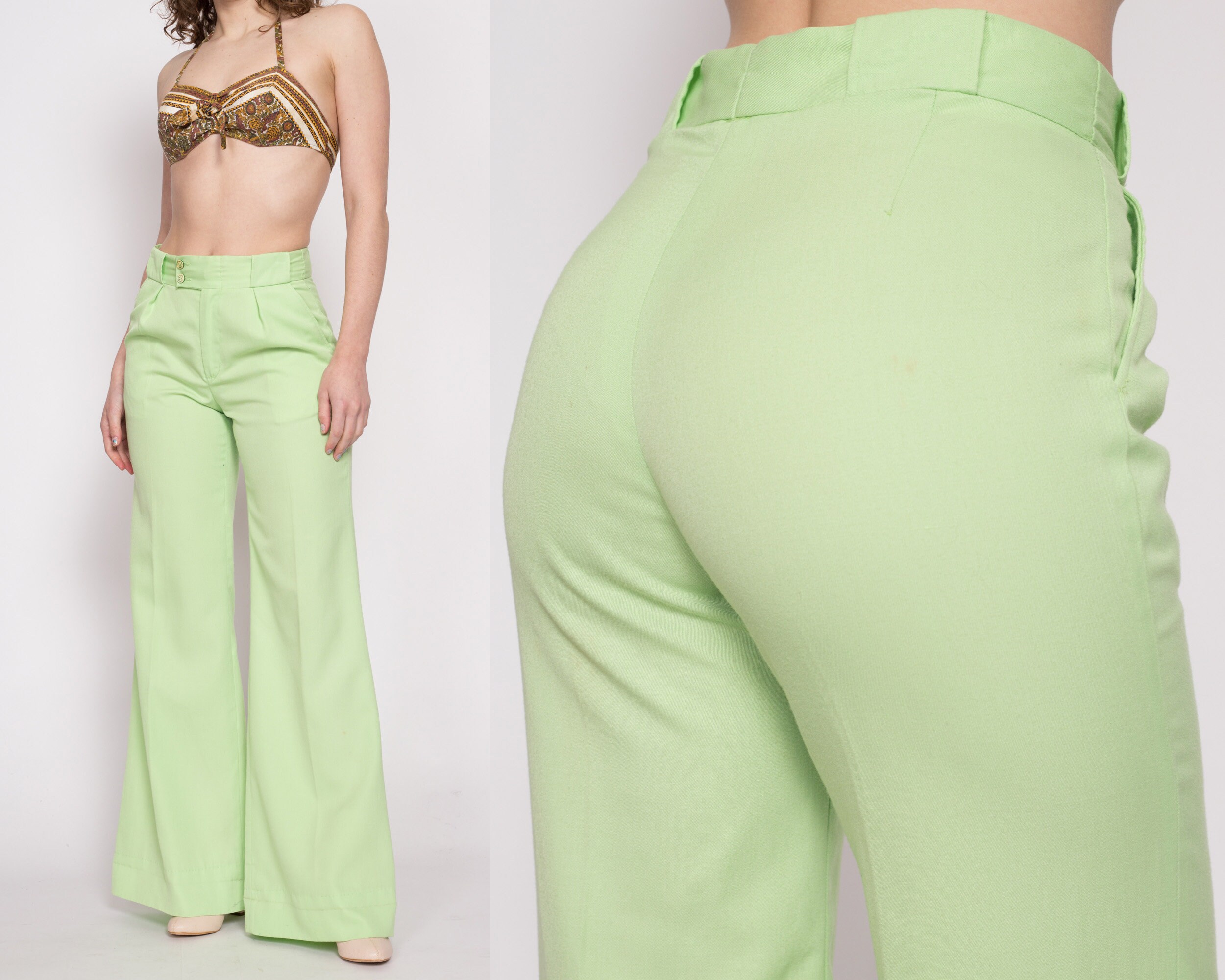 70S Pastel Green High Waisted Bell Bottoms Petite Medium | Vintage Boho Pleated Flared Leg Retro Trousers