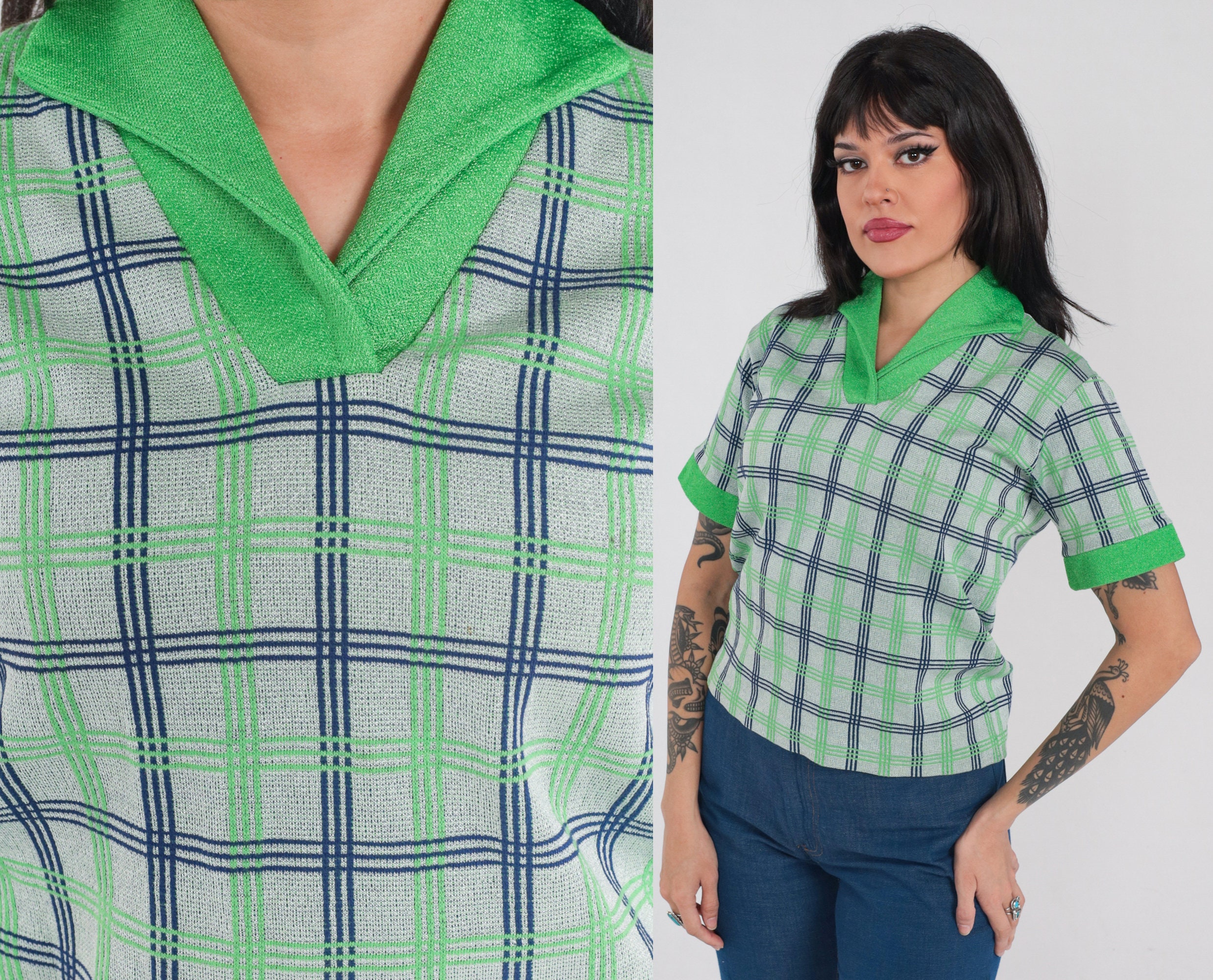 70S Polo Shirt Green Checkered Top Collared Blouse Retro Preppy Short Sleeve Grey Blue Plaid Check Print Seventies Vintage 1970S Small S