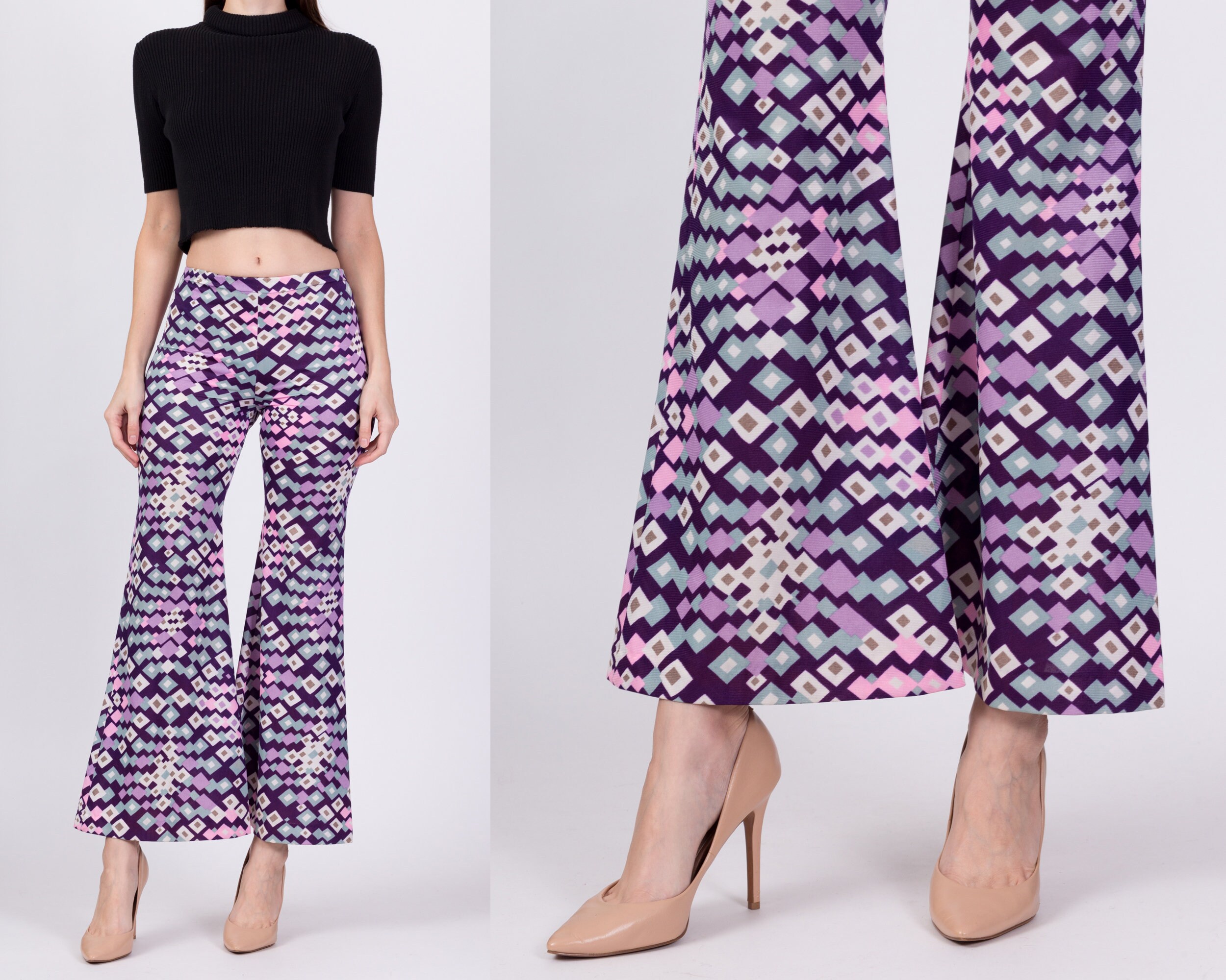 70S Psychedelic Geometric Pants Extra Small | Vintage High Waisted Retro Flared Boho Trousers