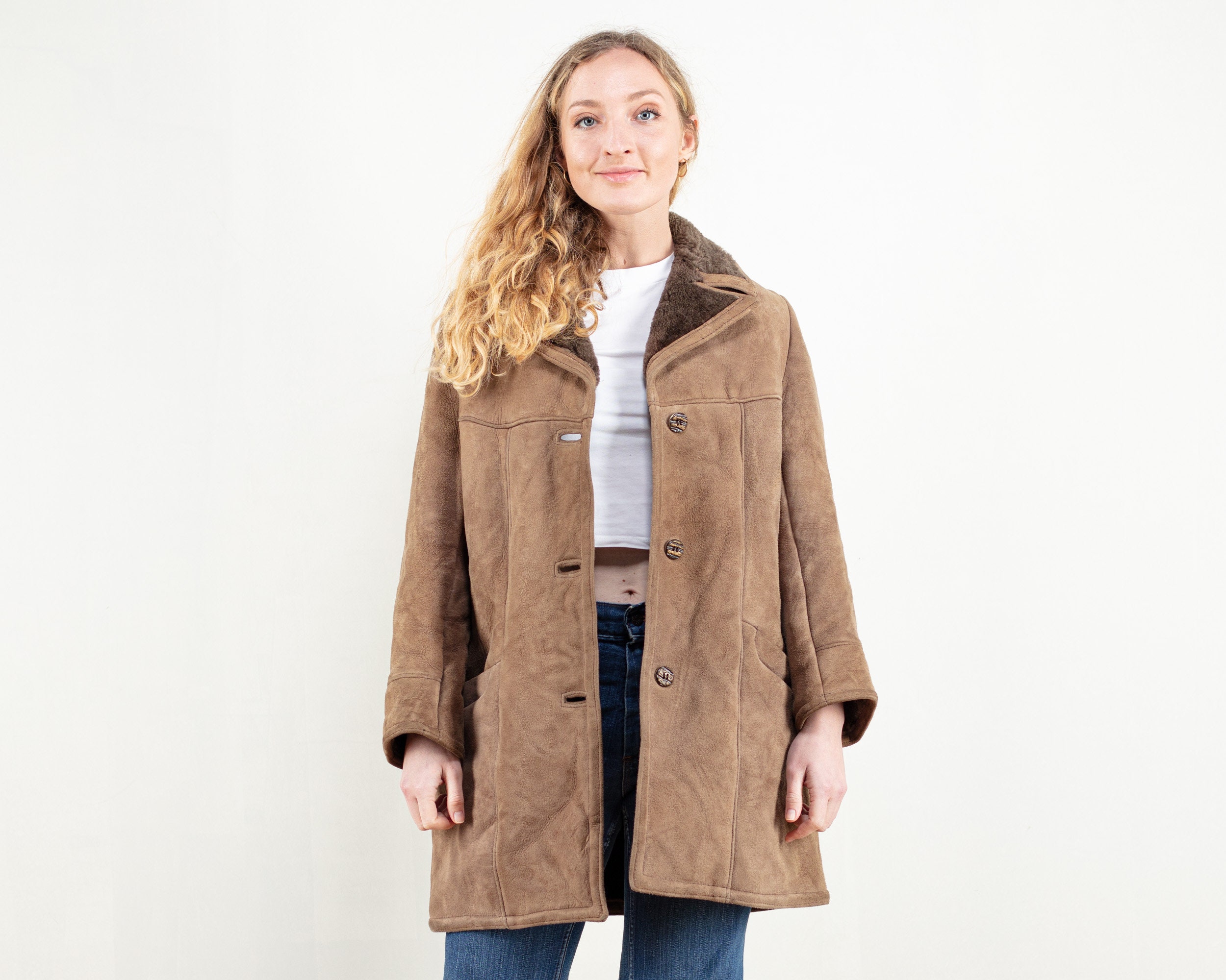 70S Shearling Coat Pale Brown Sheepskin Coat Vintage Retro Winter Outerwear Shearling Collar Short Shearl Size Medium