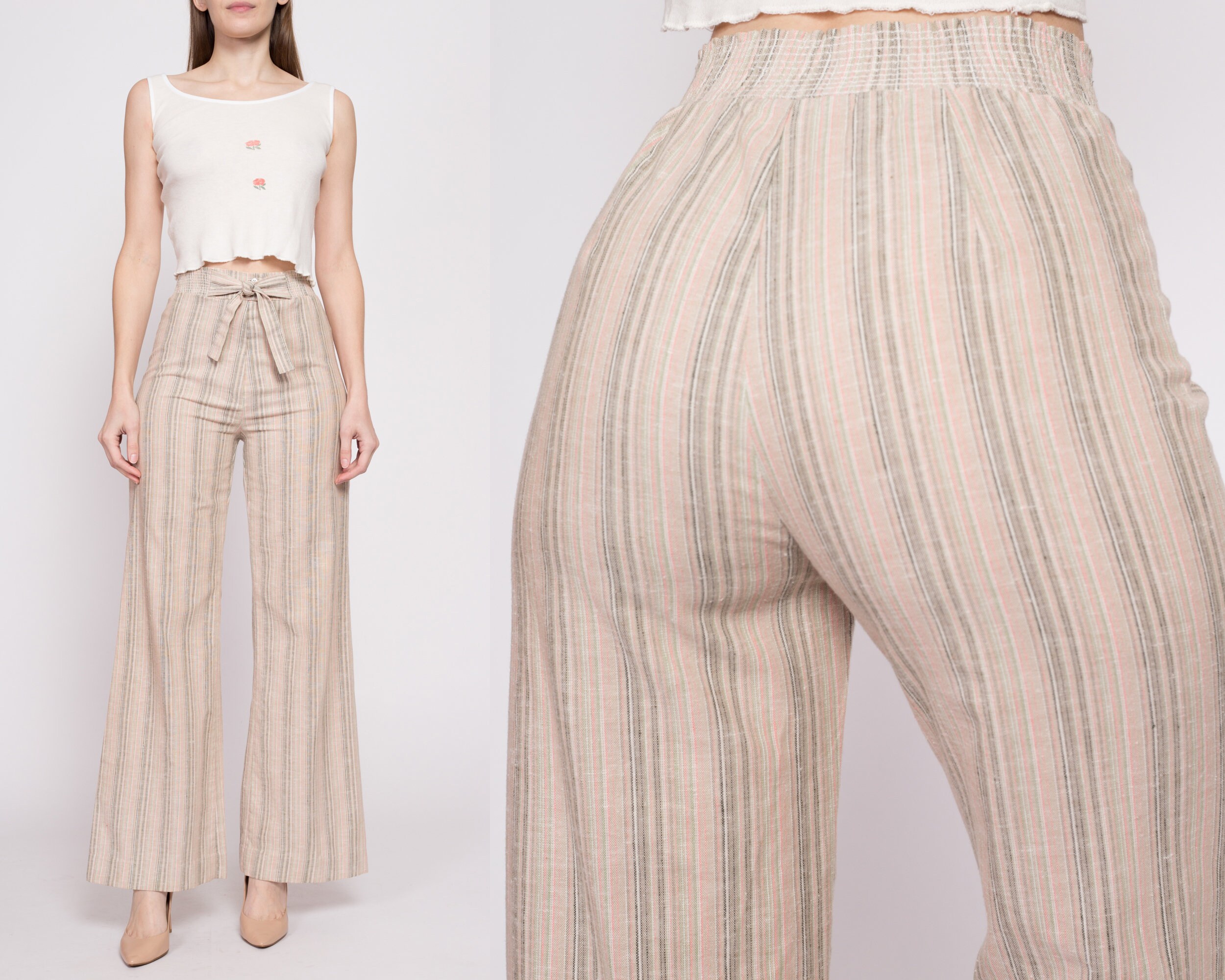 70S Striped High Waisted Flared Pants Xs To Small | Vintage Wide Leg Retro Lightweight Trousers