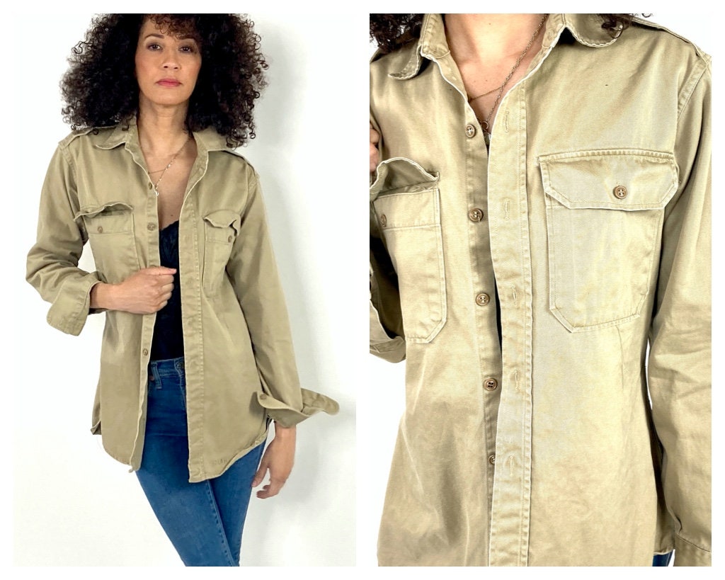 70S Tan Button Up Jacket Utility Khaki Brown Pocket Fitted Western Hippie Shirt Boho Minimalist Vintage Xs/S