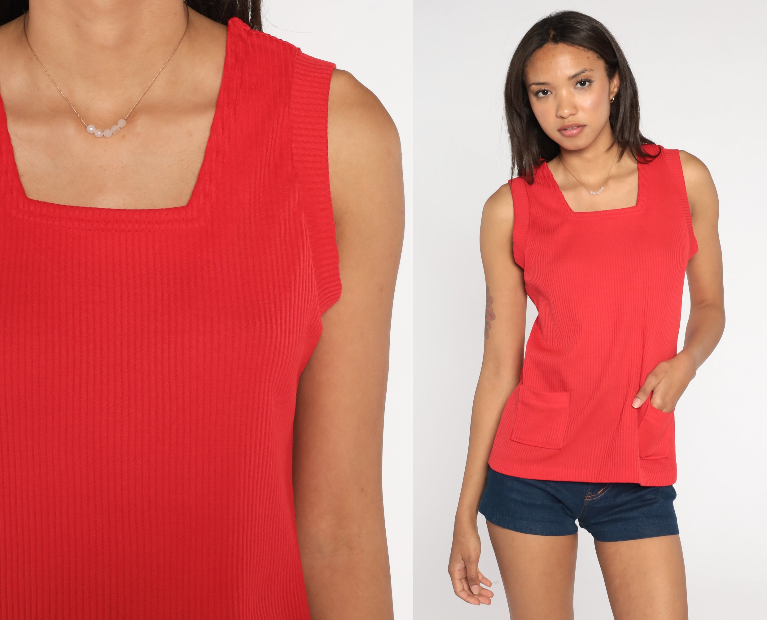 70S Tank Top Red Pocket Shirt Ribbed Polyester Knit Blouse Retro Sleeveless Mod Bohemian 1970S Vintage Plain Blank Small Medium