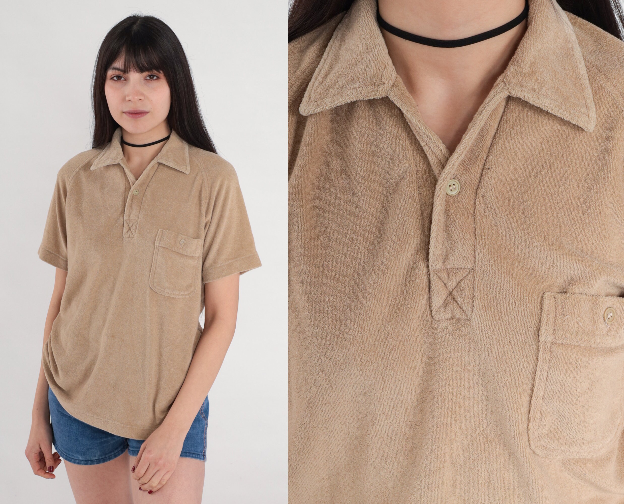 70S Terry Cloth Shirt Tan Polo Retro Short Raglan Sleeve Collared Preppy Collar Sporty Top Vintage 1970S Montgomery Ward Small S